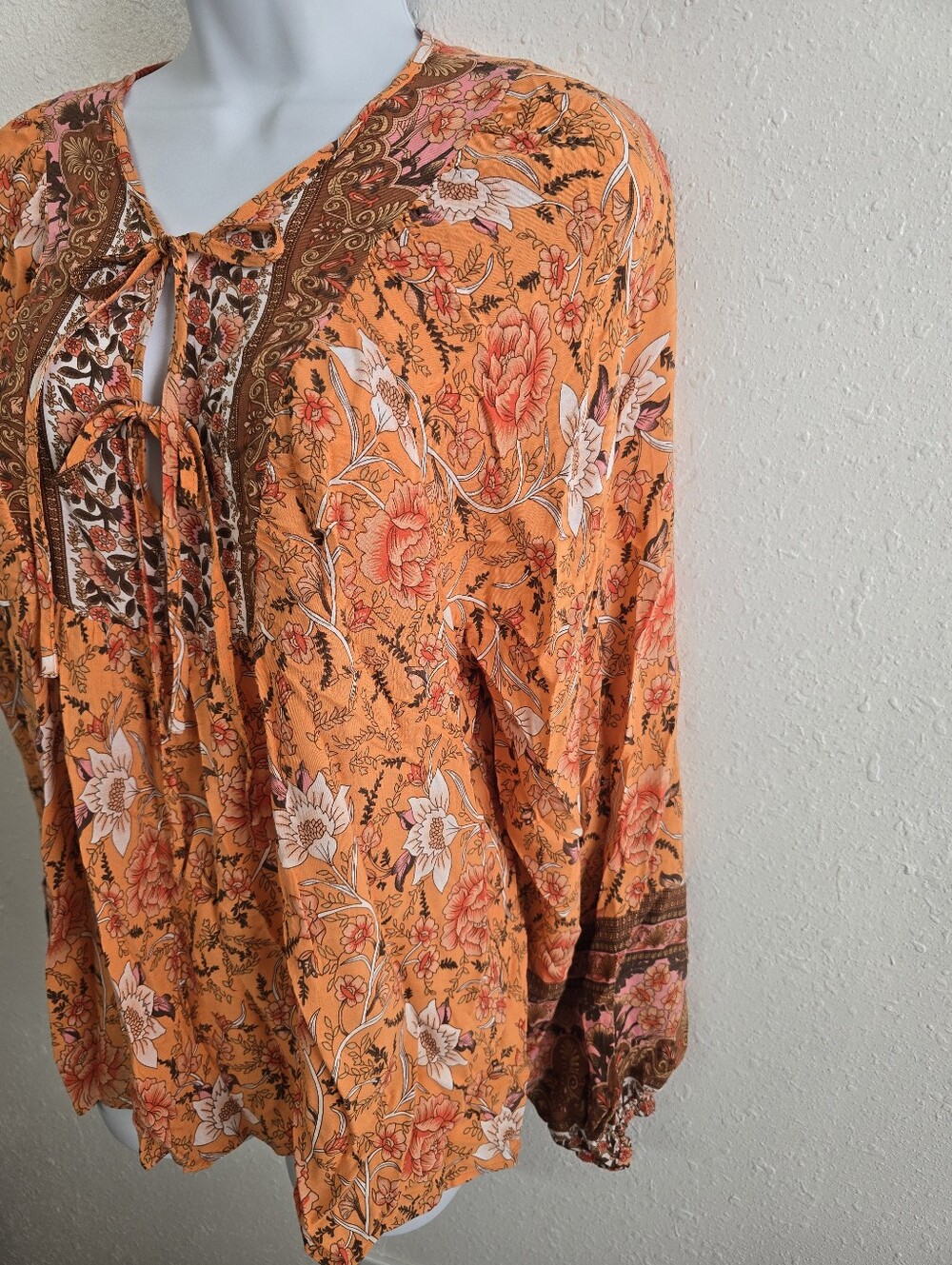 Miss Sparkling Boho Floral Peasant Blouse Size Medium Orange Long Sleeve - Picture 3 of 8